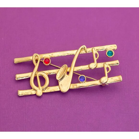 Large Vintage Musical Saxophone Music Notes Gold Tone Brooch - Q9 - Picture 1 of 2
